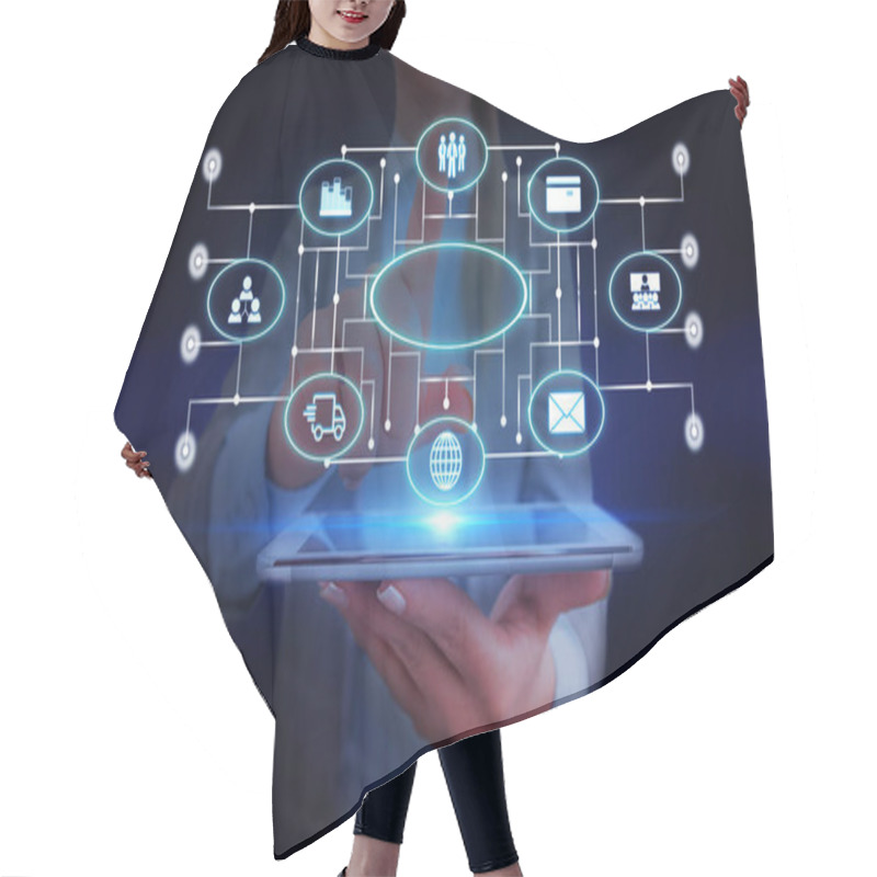 Personality  Female Human Presenting A Presentation Using The Latest Sophisticated Devices. Woman Wear Formal Working Suit Introducing How Smart Gadget Works. Photo Of Modern Life. Hair Cutting Cape