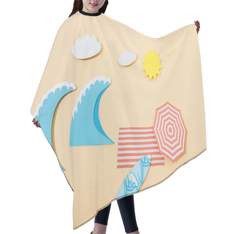 Personality  Top View Of Paper Cut Summer Beach On Beige Background Hair Cutting Cape