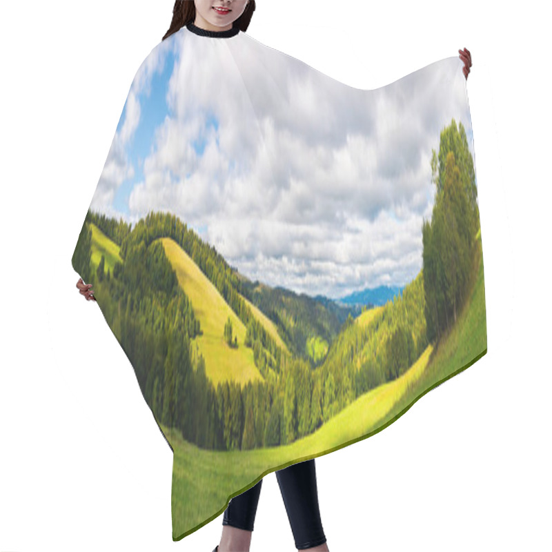 Personality  Panoramic Landscape In Mountain.  Forested Hills With Meadows On A Sunny Day. Cloudy Sky Hair Cutting Cape