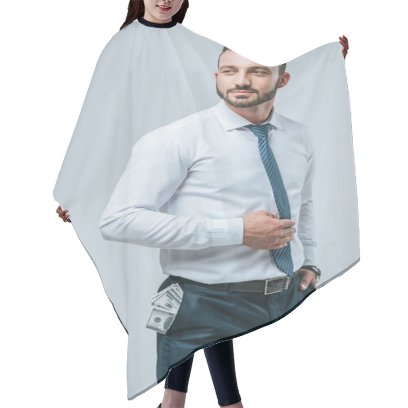 Personality  Handsome Financier With Dollars In Pocket Isolated On Grey Hair Cutting Cape