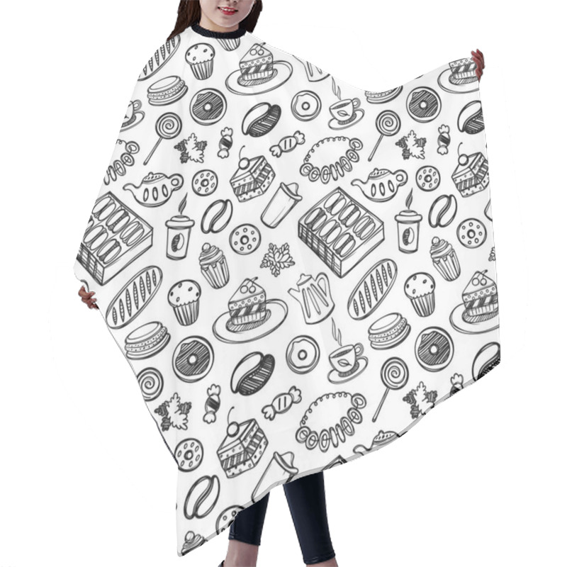 Personality  Cartoon Cute Food And Kitchenware On White Background. Seamless Pattern. Linear Illustration. For Zentangle Book. Dessert Time Hair Cutting Cape