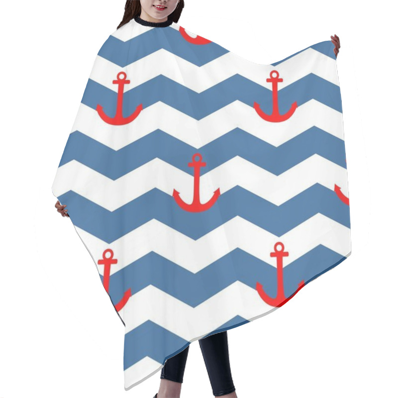 Personality  Tile Sailor Vector Pattern With Red Anchor On White And Blue Stripes Background Hair Cutting Cape