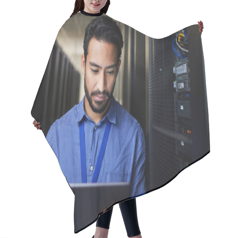 Personality  Tablet, Man And Engineer In Server Room On Research For Programming At Night. Information Technology, Inspection And Technician In Data Center Reading, Network Maintenance Or Typing Code For Software. Hair Cutting Cape