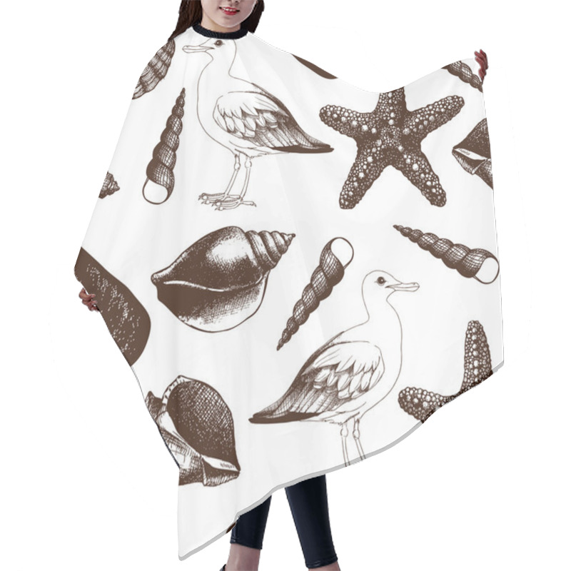 Personality  Sea Shells And Sea Gulls Sketch Hair Cutting Cape