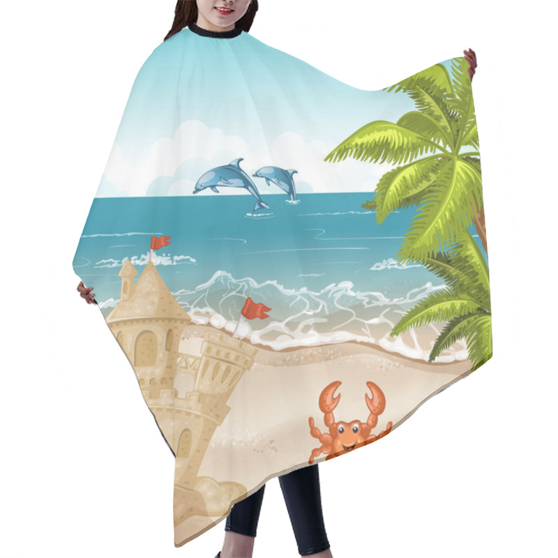 Personality  Illustration Of Crab And Sand Castle On The Beach.  Hair Cutting Cape