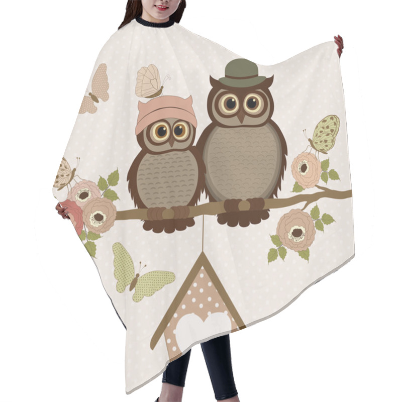 Personality  Cute Owls On A Branch With Roses  Hair Cutting Cape