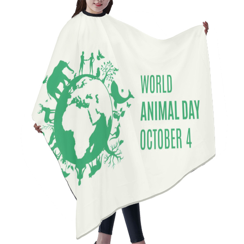 Personality  World Animal Day Poster With Green Planet Earth With Animals And Plants Icon Vector. Silhouette Of Planet Earth With Fauna And Flora Icon. Environmenta Icon Vector. Animal Day Poster, October 4. Important Day Hair Cutting Cape