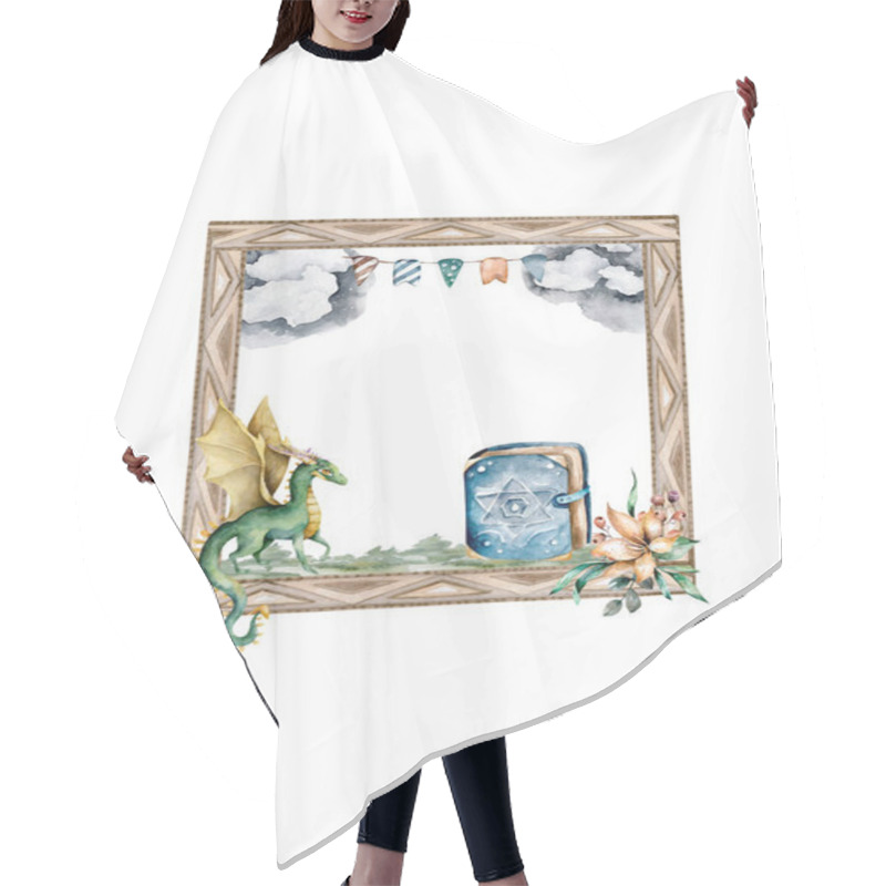 Personality  Frame Of Fairytal Dragong. Greering, Invite Card. Fantasy Square Banner. Isolated. Hand Drawn Watercolor Art Hair Cutting Cape