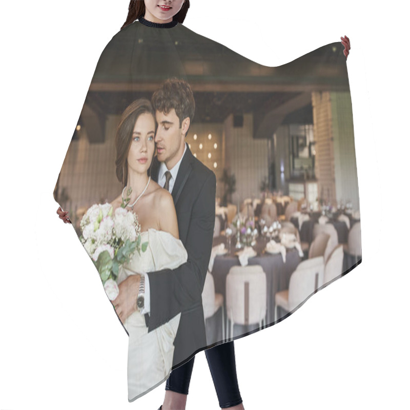 Personality  Elegant Man With Closed Eyes Embracing Young Bride With Wedding Bouquet In Modern Event Hall Hair Cutting Cape