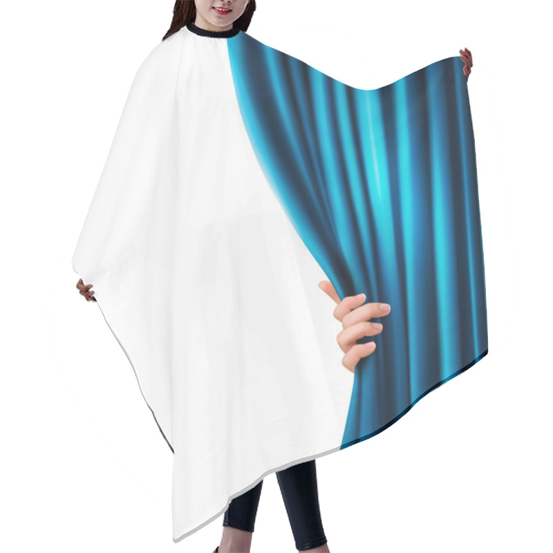 Personality  Background With Blue Velvet Curtain And Hand. Vector Illustration. Hair Cutting Cape