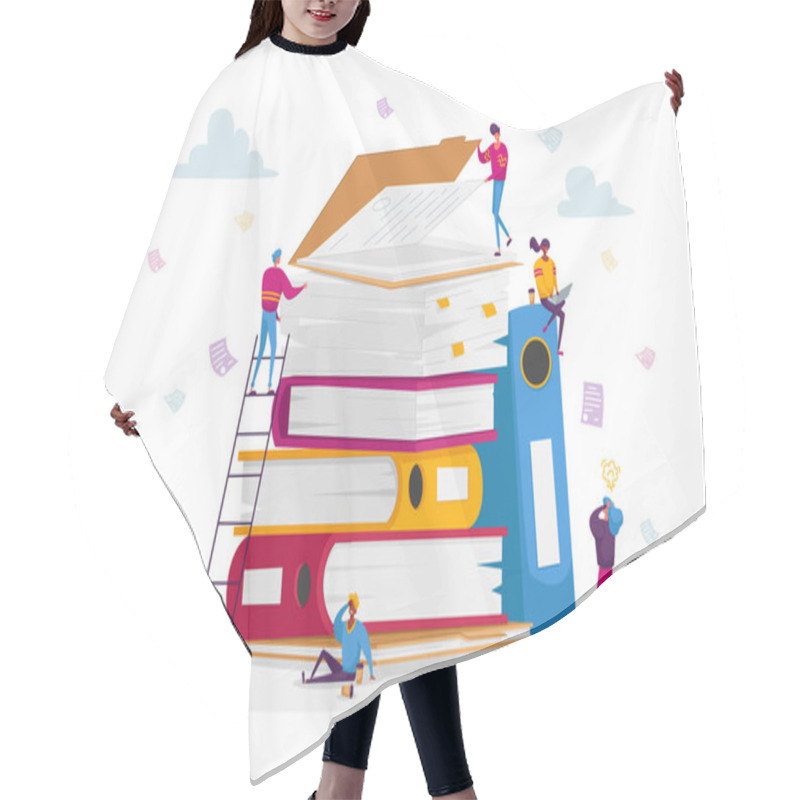 Personality  Tiny Businesswomen And Businessmen Characters On Huge Pile Of Documentation And Paper Documents Folders. Busy Office People Company Employees Paperwork Deadline Stress. Cartoon Vector Illustration Hair Cutting Cape