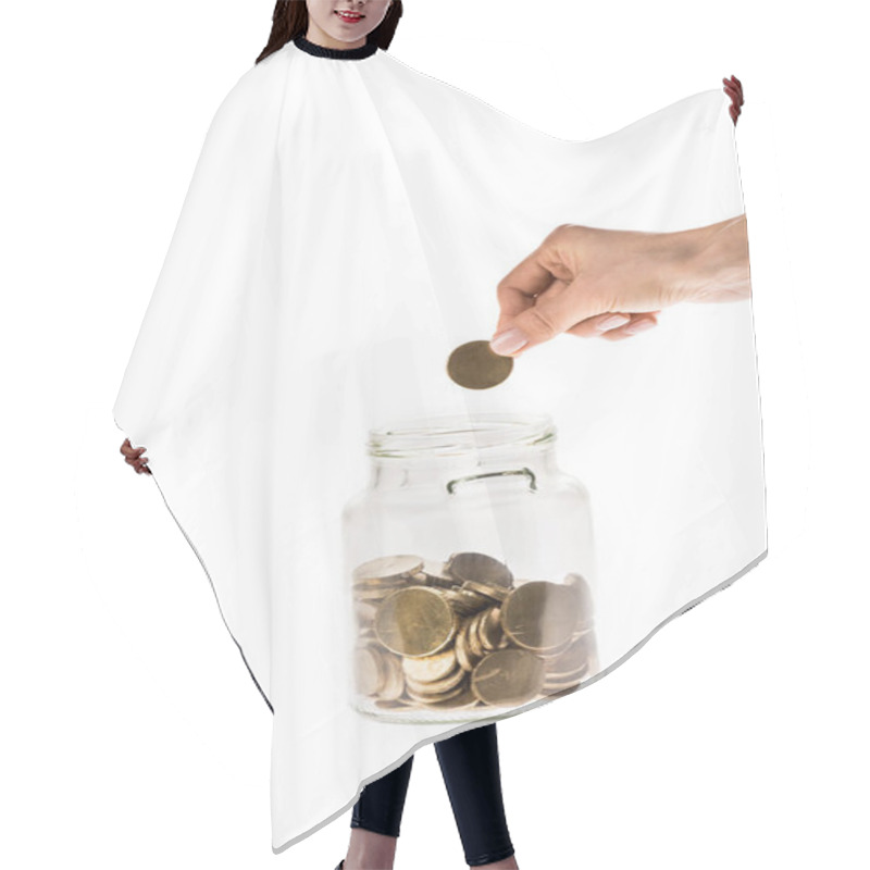 Personality  Cropped View Of Woman Taking Golden Coin From Glass Jar Isolated On White  Hair Cutting Cape