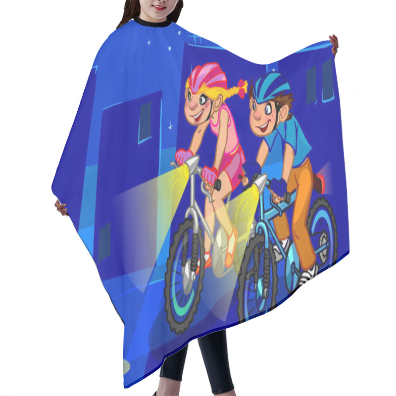 Personality  The Illustration Of Cartoon Teenagers Cycling At Night City. Hair Cutting Cape