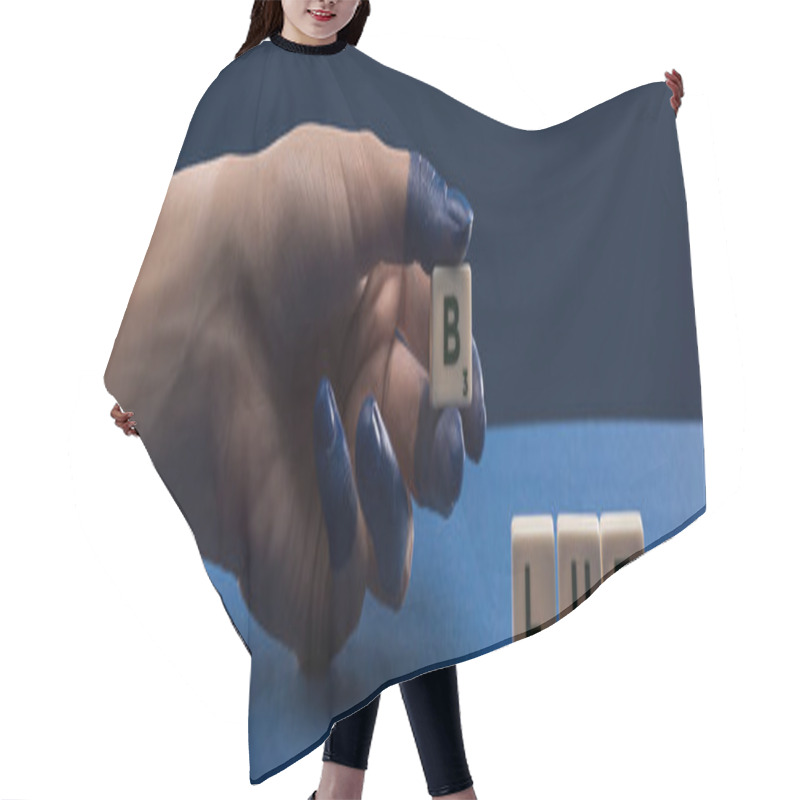 Personality  Cropped View Of Female Hand With Painted Fingers Near Cubes With Blue Lettering Isolated On Blue, Panoramic Shot Hair Cutting Cape