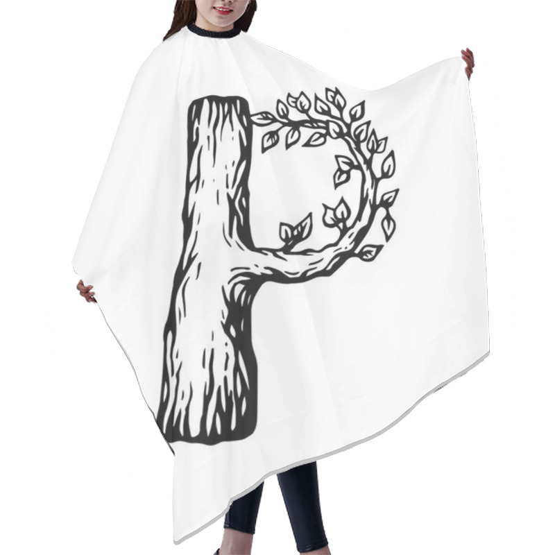 Personality  Black Engraving Letter P Made Of Wood With Leaves On The White Background Hair Cutting Cape