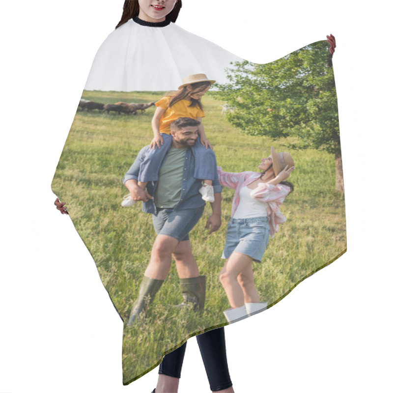 Personality  Smiling Man Piggybacking Daughter While Walking With Wife In Grassy Meadow Hair Cutting Cape