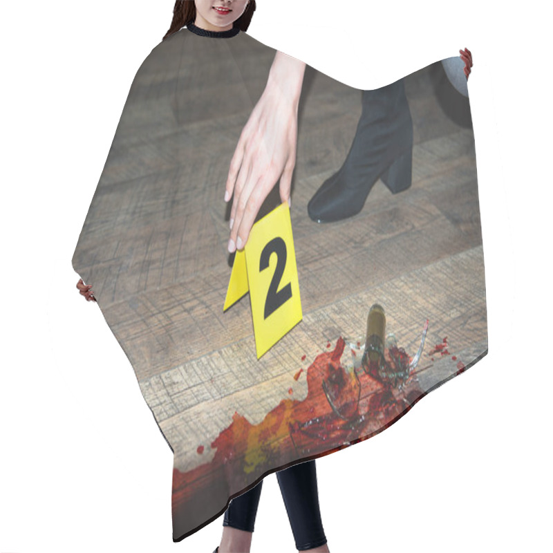 Personality  Cropped View Of Hand Touching Evidence Mark At Bloody Crime Scene Hair Cutting Cape