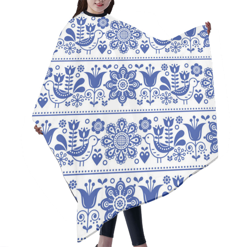 Personality    Scandinavian Folk Art Seamless Vector Design With Flowers And Birds, Cute Repetitive White And Navy Blue Pattern   Hair Cutting Cape