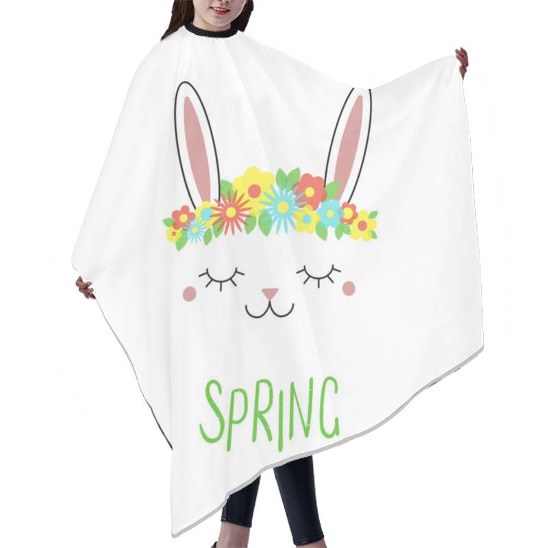 Personality  Hand Drawn Cute Funny Bunny With Flowers And Text Spring, Vector, Illustration. Hair Cutting Cape