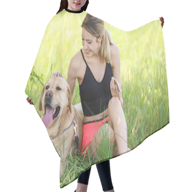 Personality  Young Woman And Her Dog Spending Time Together Outdoors. Pet Care Hair Cutting Cape