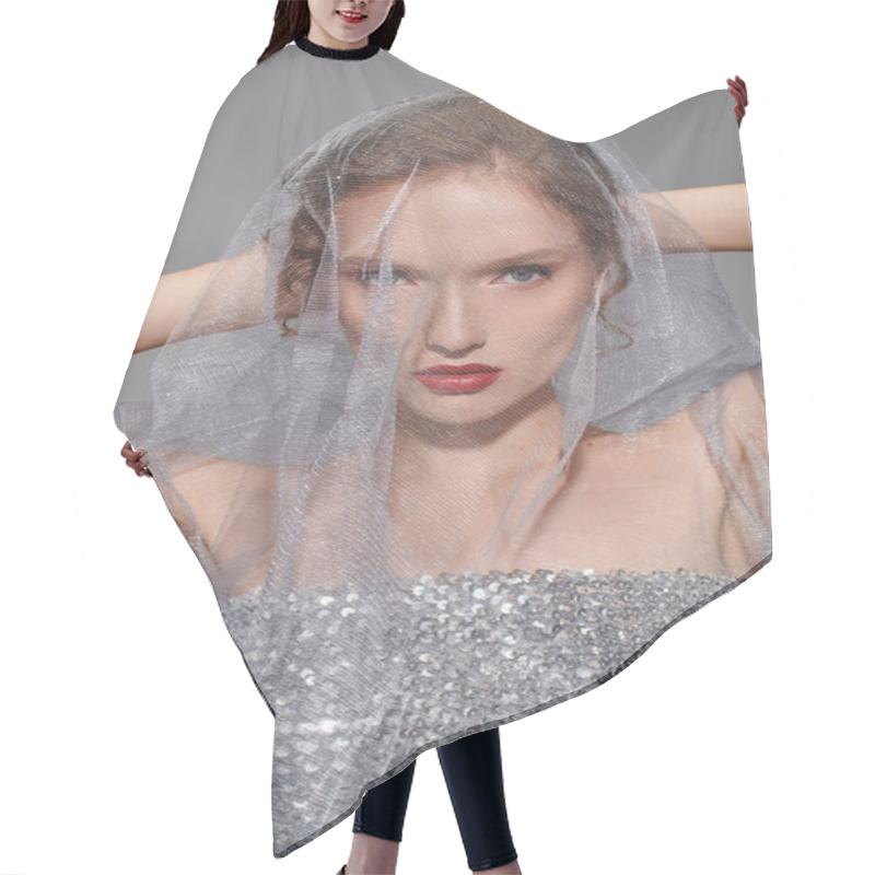 Personality  A Young Woman Exudes Classic Beauty As She Poses With A Veil On Her Head In A Studio Setting Against A Grey Backdrop. Hair Cutting Cape