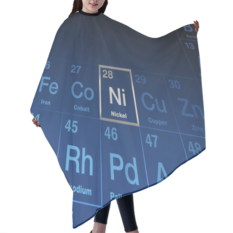 Personality  Element Nickel On The Periodic Table Of Elements. Ferromagnetic Transition Metal, With Element Symbol Ni, And Atomic Number 28. Used For Coinage, Stainless Steel, Magnets, And Rechargeable Batteries. Hair Cutting Cape