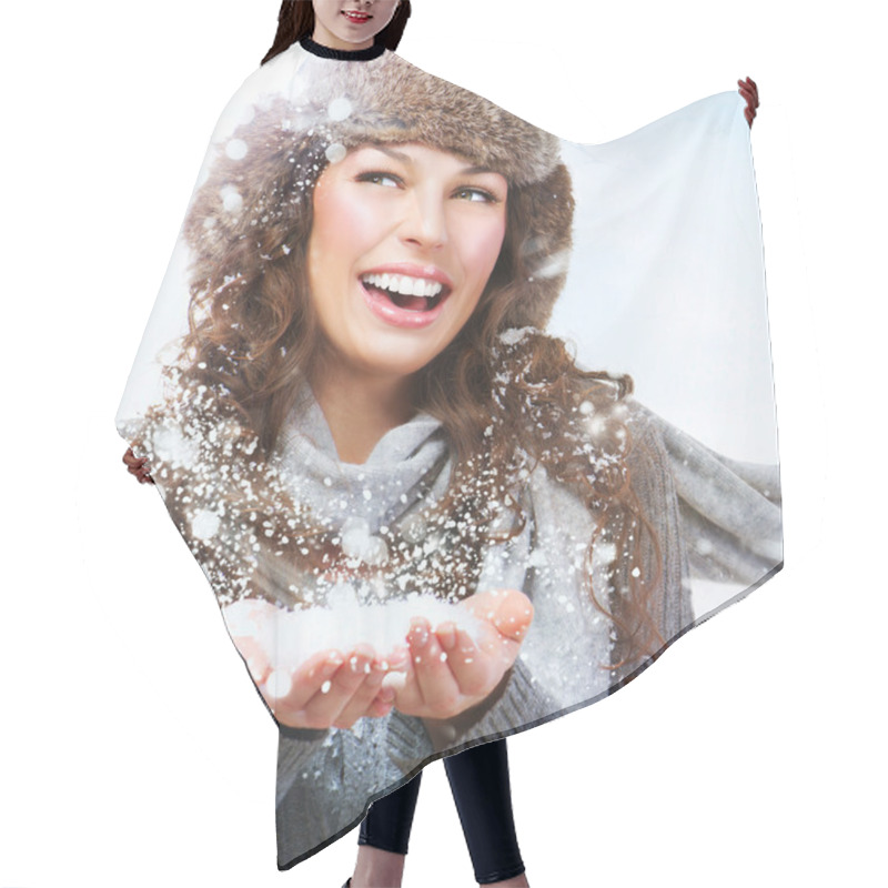 Personality  Christmas Girl. Winter Woman Blowing Snow Hair Cutting Cape