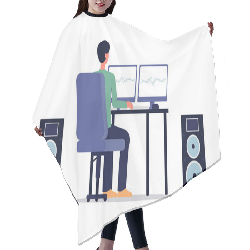 Personality  Sound Engineer With Recording Studio Equipment Isolated Vector Flat Illustration. Hair Cutting Cape