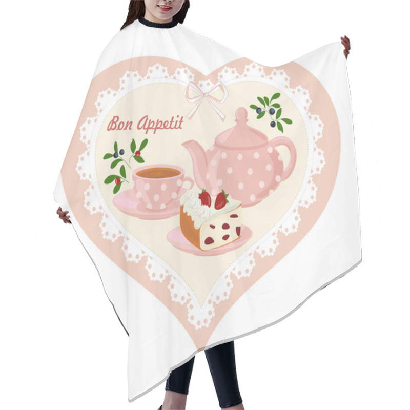 Personality  Background With Teapot, Cup And Cakes. Card With Lace In Polka Dot In The Frame Heart. Hair Cutting Cape