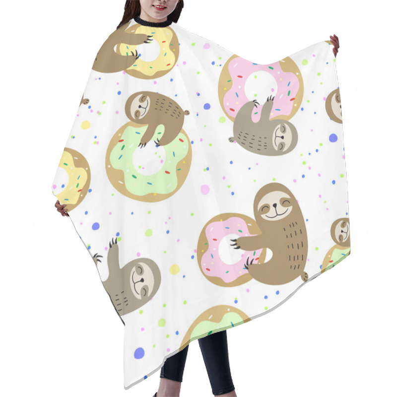 Personality  Seamless Pattern. Cute Sloth With Sweet Doughnuts. Sweet Tooth. Vector. Hair Cutting Cape