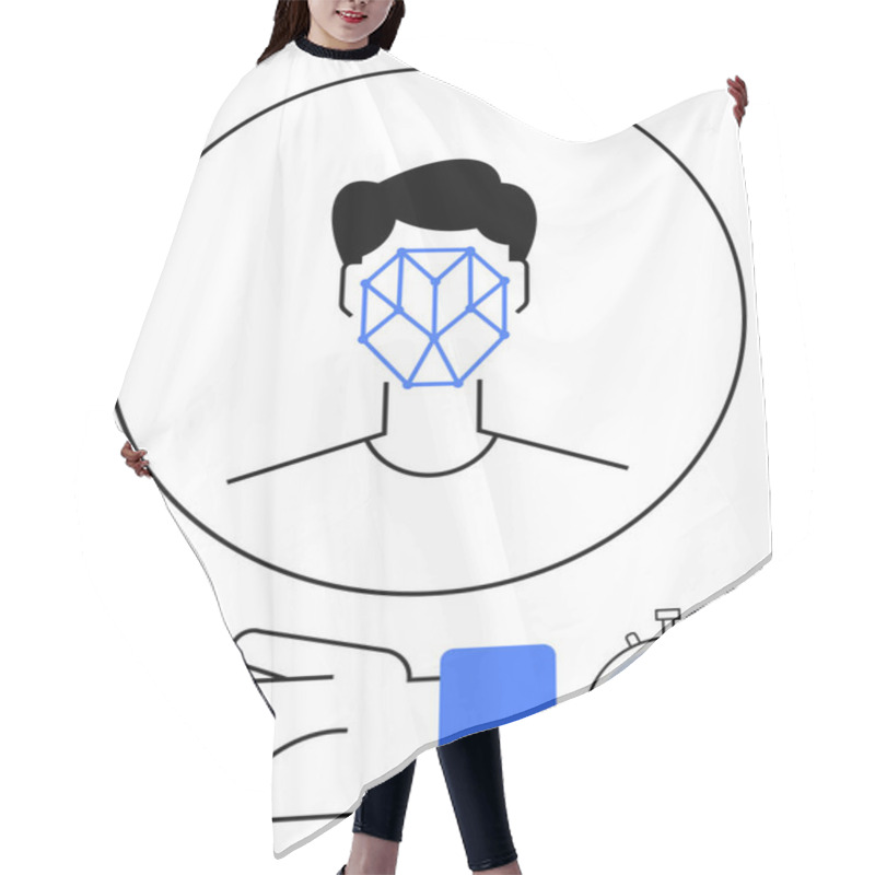 Personality  Head With Facial Recognition Mesh, Stopwatch, And Hand. Ideal For Technology, Security, Time Efficiency, Biometric Identification, Authentication AI Innovation. Line Metaphor Hair Cutting Cape