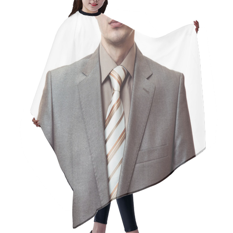 Personality  Man Without Head In Business Suit On White Background Hair Cutting Cape