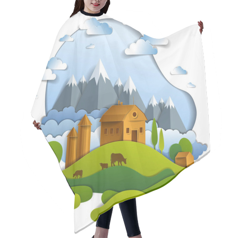 Personality  Scenic Landscape Of Farm Buildings Among Meadows Trees, Mountain Range And Clouds In The Sky, Vector Illustration Of Summer Time Relaxing Nature In Paper Cut Style. Countryside Beautiful Ranch.     Hair Cutting Cape