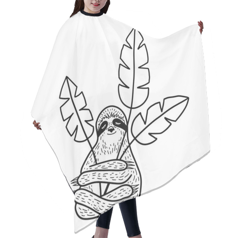 Personality  Cute Hand Drawn Sloth Sleeping And Hugging Troplical Leaves. Outline Doodle Style. Vector Illustration Hair Cutting Cape