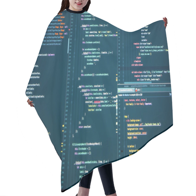 Personality  Programming With HTML, PHP And Javascript. Backend Source Code On Monitor Hair Cutting Cape