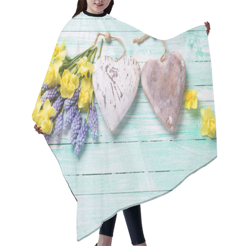 Personality  Two Decorative Hearts And Fresh Yellow And Blue Spring Flowers   Hair Cutting Cape