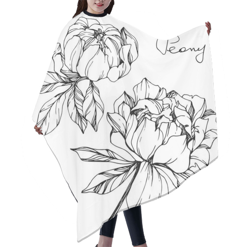 Personality  Vector Isolated Monochrome Peony Flowers Sketch And Handwritten Lettering On White Background. Engraved Ink Art.  Hair Cutting Cape