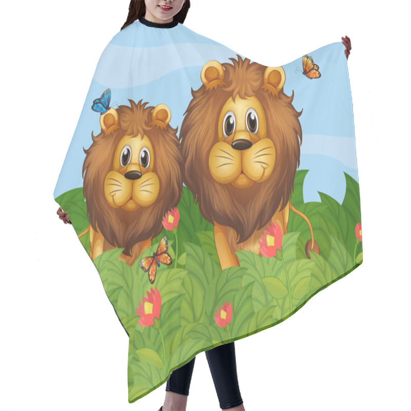 Personality  A Big And A Young Lion In The Garden Hair Cutting Cape