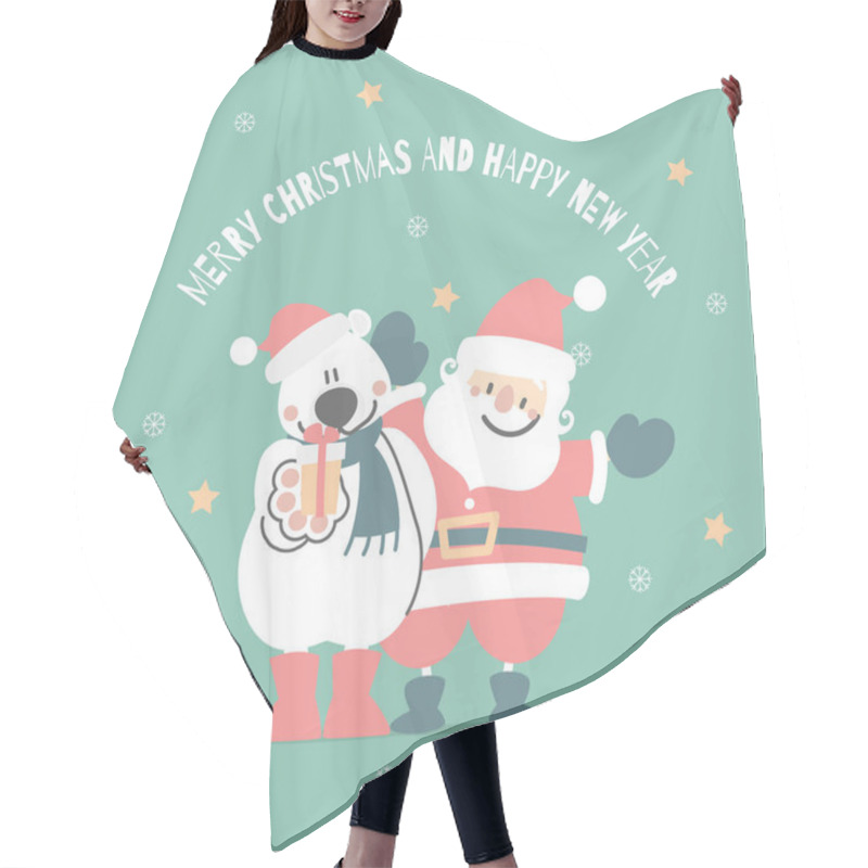 Personality  Merry Christmas And Happy New Year With Cute Santa Claus And White Teddy Polar Bear, Snowflake, Star In The Winter Season Green Background, Flat Vector Illustration Cartoon Character Costume Design Hair Cutting Cape