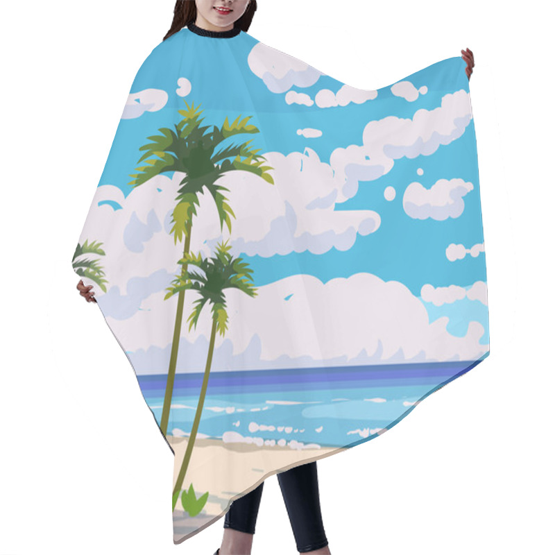 Personality  Tropical Island Beach Summer Resort, Seashore Sand, Palms, Waves. Ocean, Sea Exotical Beach Landscape, Clouds, Nature. Vector Illustration Hair Cutting Cape