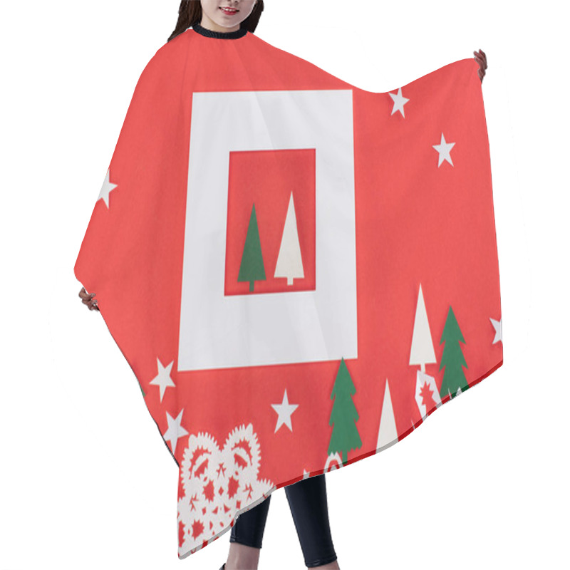 Personality  Christmas Trees In White Frame With Stars And Paper Snowflakes Around, Isolated On Red   Hair Cutting Cape