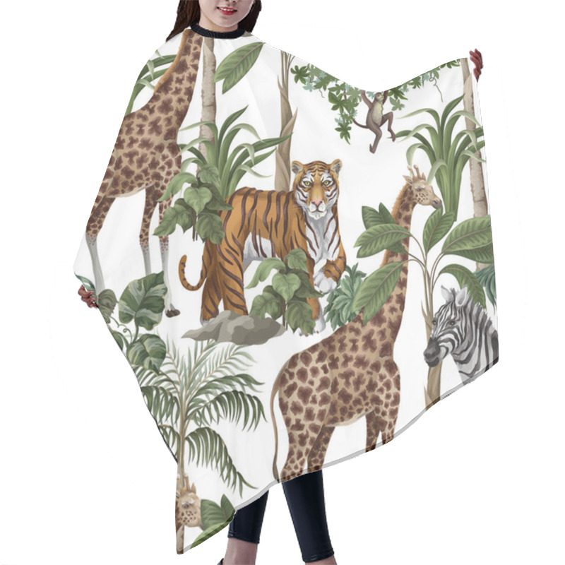 Personality  Seamless Pattern With Wild Animals And Jungle Trees For Kids. Vector Hair Cutting Cape