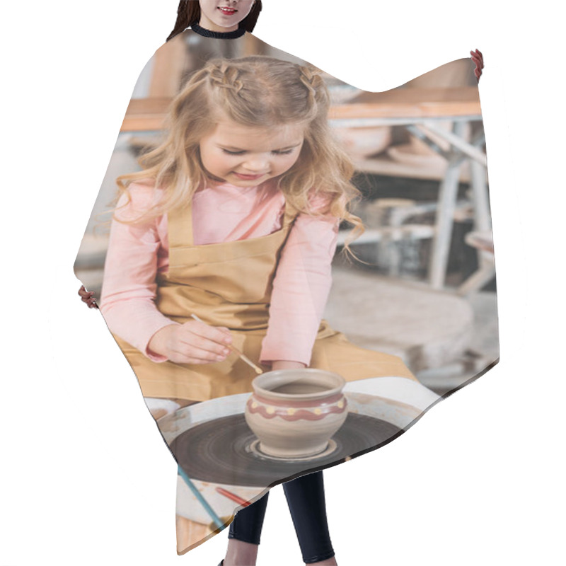 Personality  Adorable Blonde Kid Painting Ceramic Pot In Workshop Hair Cutting Cape