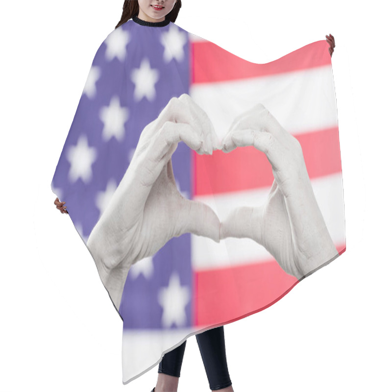 Personality  Cropped View Of Female Hands Painted In White Showing Heard-shaped Sign Near American Flag Hair Cutting Cape