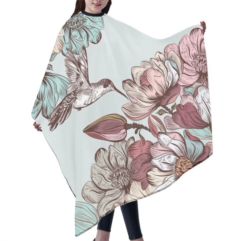 Personality  Vector Background With Magnolia Flowers And Bird In Engraved Sty Hair Cutting Cape