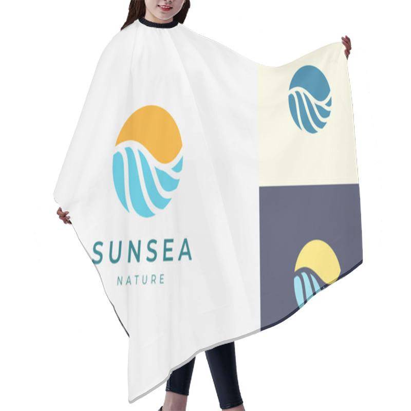 Personality  Ocean With Sun Or Surfing Logo Template In Circle And Abstract Shape Hair Cutting Cape