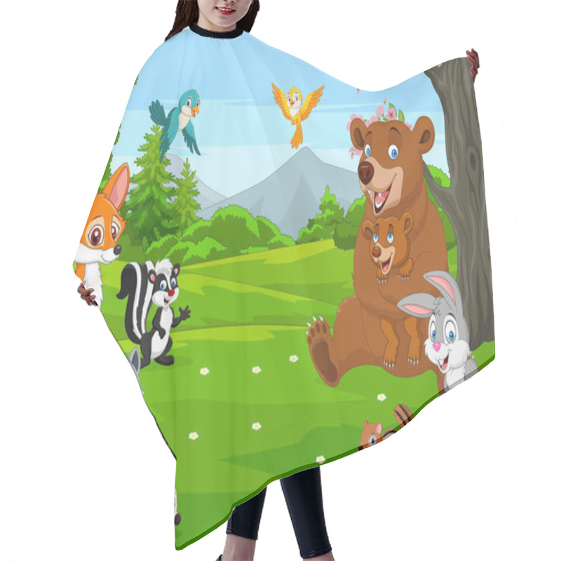 Personality  Vector Illustration Of Group Of Happy Animals Cartoon In The Jungle Hair Cutting Cape