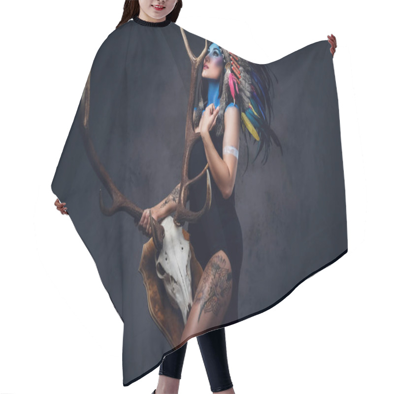 Personality  Female With Indian Feather Hat Hair Cutting Cape