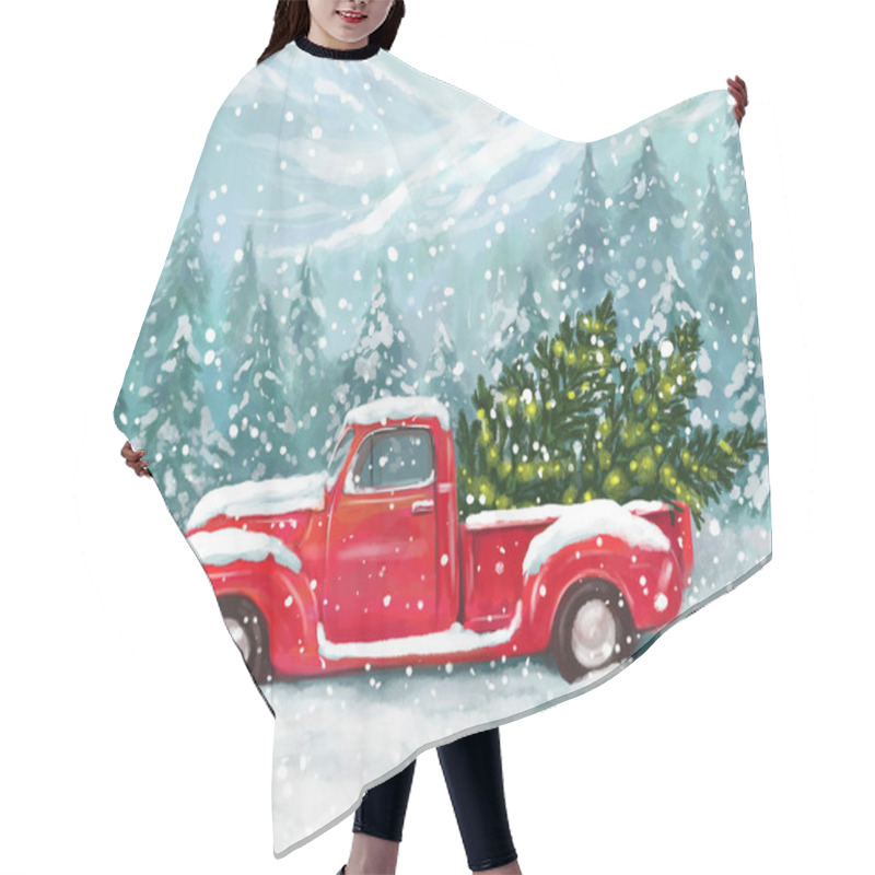 Personality  Christmas Cute Greeting Illustration. Red Pickup Truck With A Christmas Tree In The Back Against A Background Of Forest, Mountains And Snowfall Hair Cutting Cape