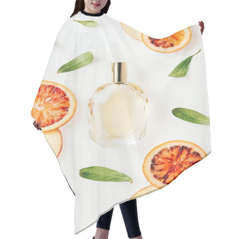 Personality  Top View Of Bottle Of Fresh Perfume Surrounded With Fruits And Flowers Isolated On White Hair Cutting Cape